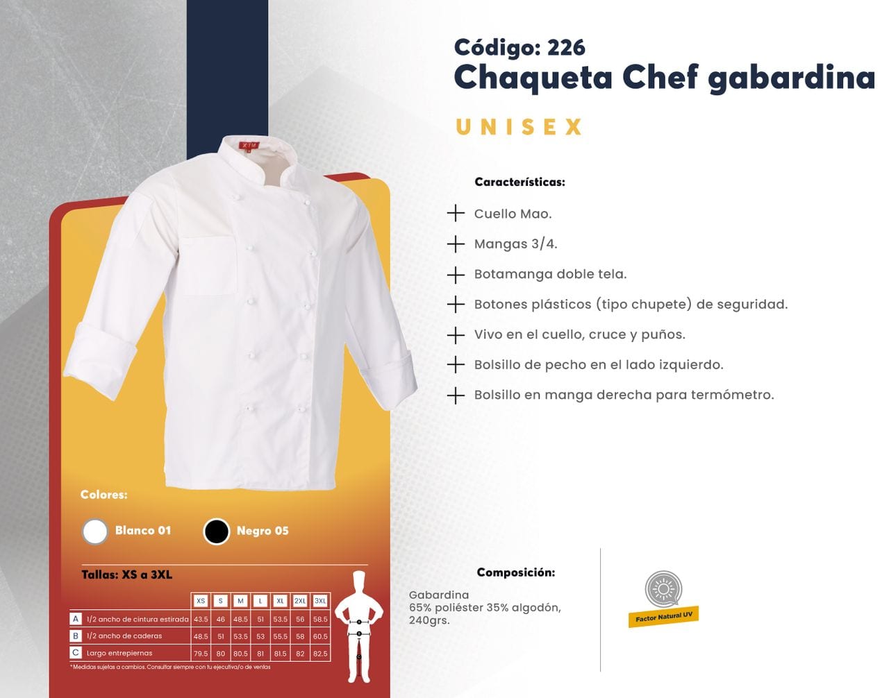 Ficha técnica de Chaqueta Chef gabardina