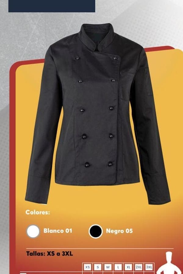 Chaqueta de chef para mujer en gabardina blanca o negra, con cuello mao y mangas 3/4.