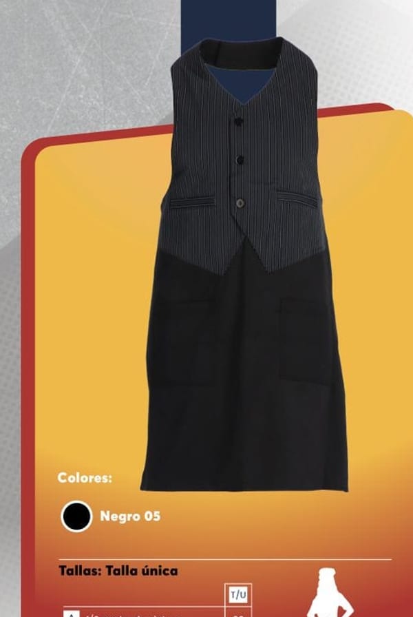Mandil tipo garzón unisex de gabardina negra, con pechera ajustable y bolsillos de parche.