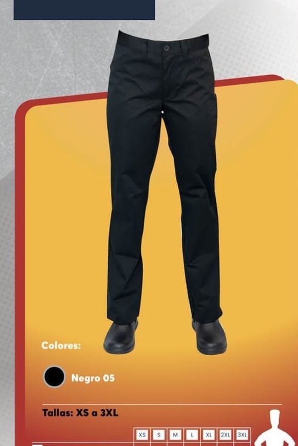 Pantalón de gabardina para chef, unisex, en color negro con bolsillos delanteros y tipo cargo.