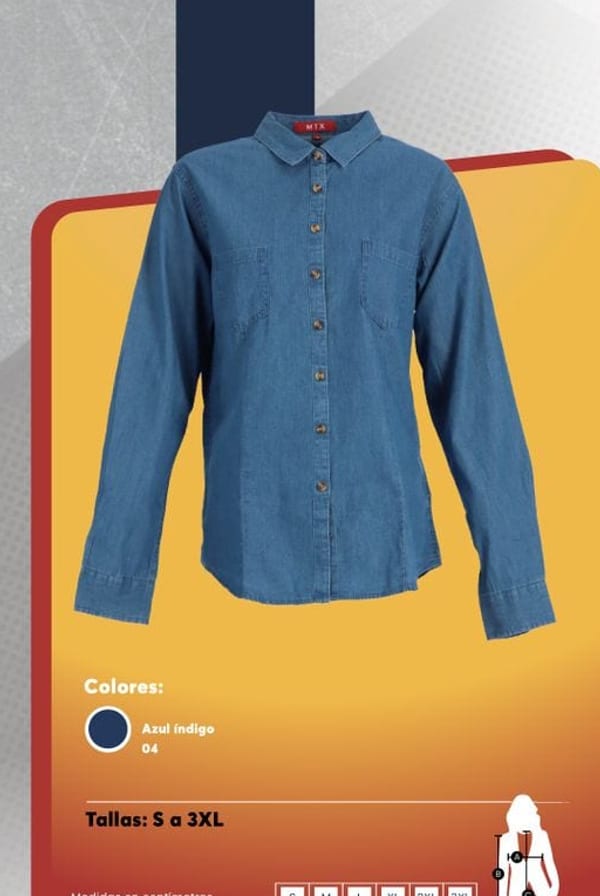 Blusa de mezclilla de manga larga para mujer, con cuello camisero y dos bolsillos frontales de parche.