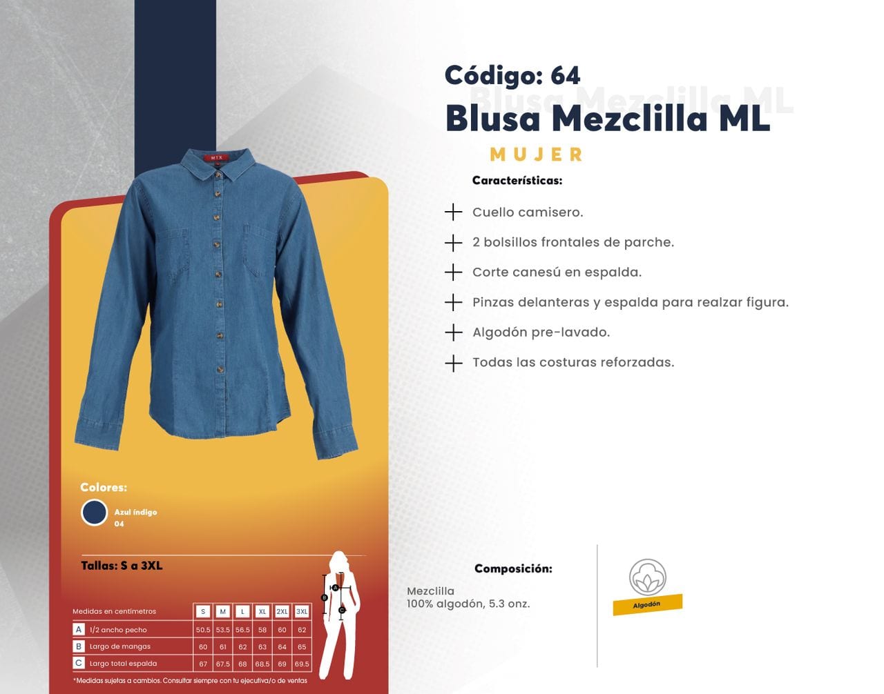 Ficha técnica de Blusa Mezclilla ML