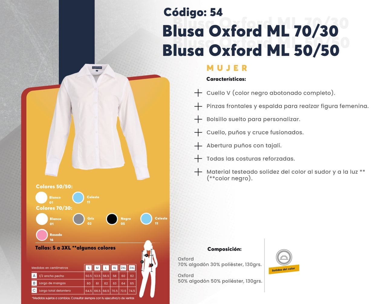 Ficha técnica de Blusa Oxford ML 70/30 / Blusa Oxford ML 50/50