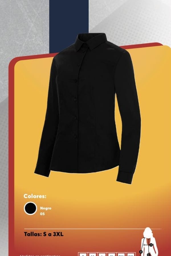 Blusa de manga larga para mujer con cuello camisero y corte pinzado, en tela trevira negra.