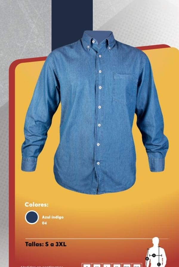 Camisa de mezclilla de manga larga para hombre con cuello button down y bolsillo en el pecho.