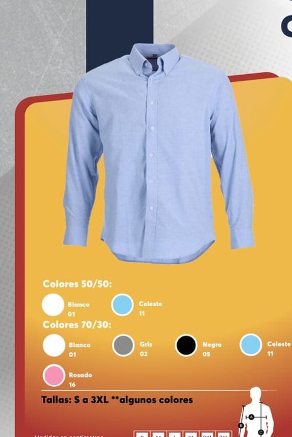 Camisa oxford de manga larga para hombre con cuello button down y bolsillo delantero.