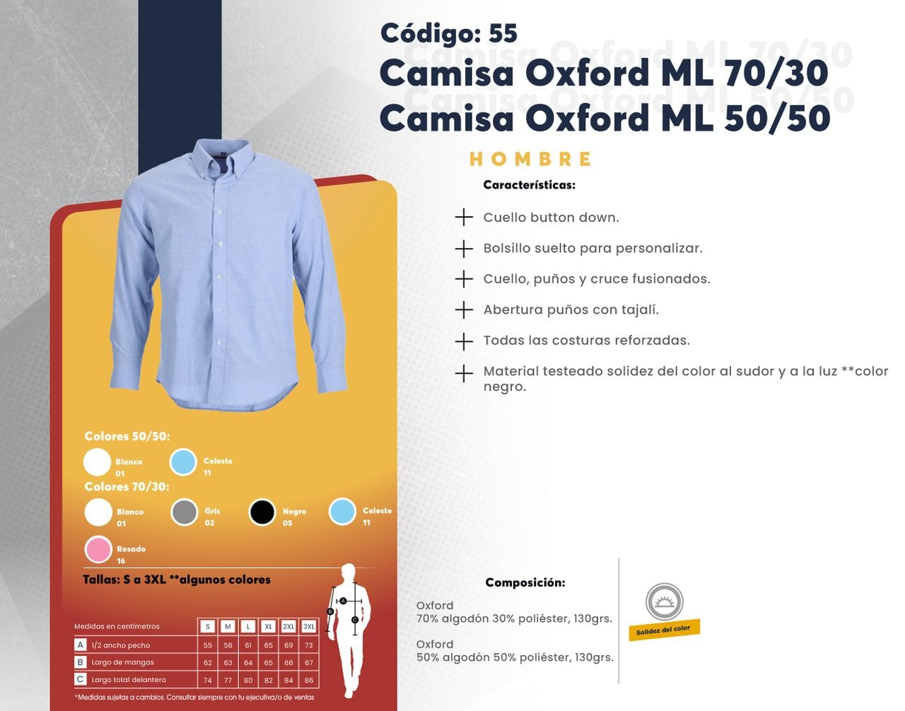 Ficha técnica de Camisa Oxford ML 70/30 / Camisa Oxford ML 50/50