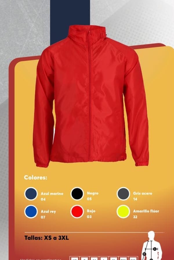 Cortaviento unisex de taslán 100% poliéster, repelente al agua, con capucha guardable y cierres frontales.