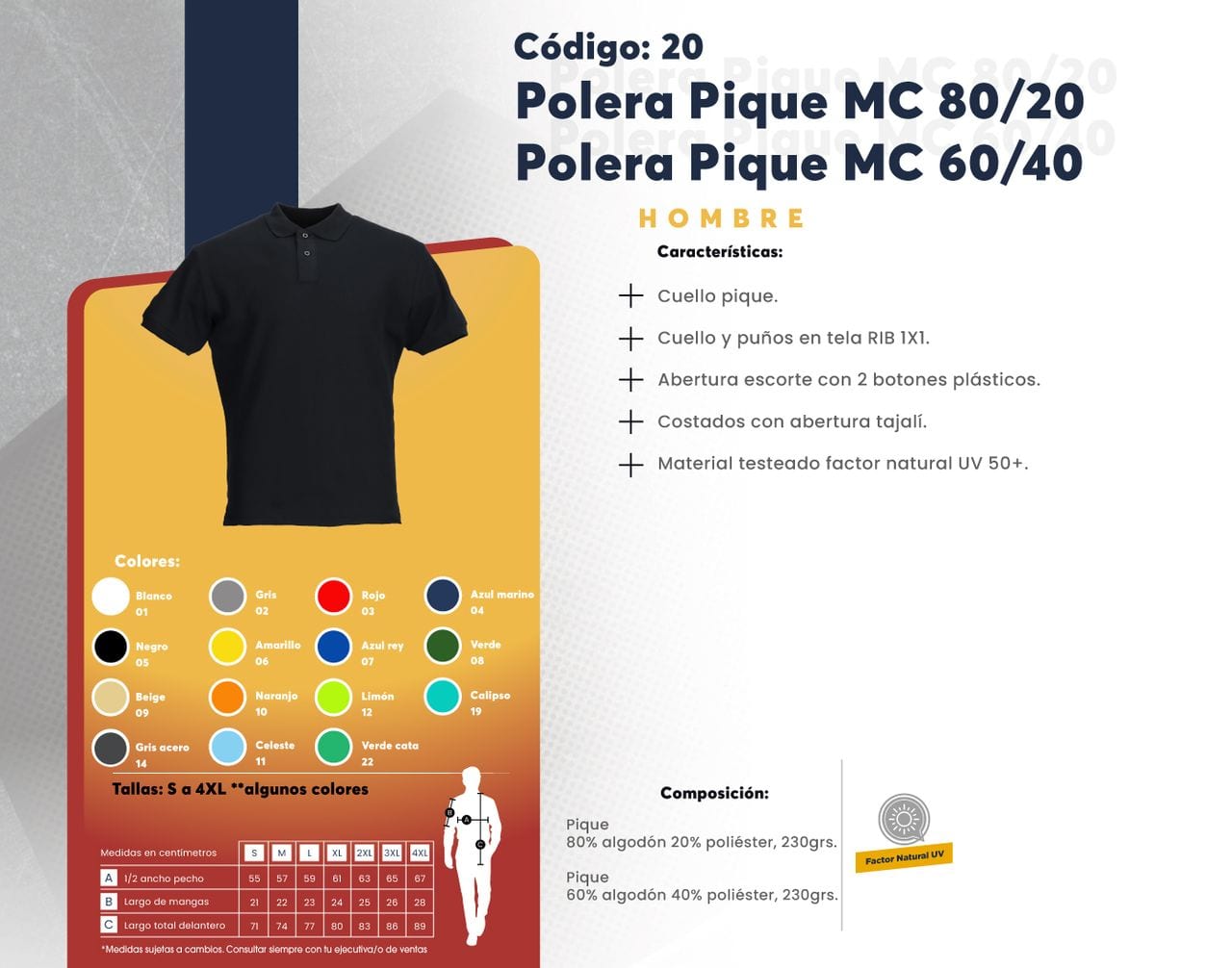 Ficha técnica de Polera Pique MC 80/20 / Polera Pique MC 60/40