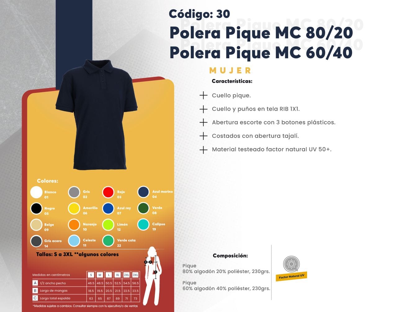 Ficha técnica de Polera Pique MC 80/20 / Polera Pique MC 60/40