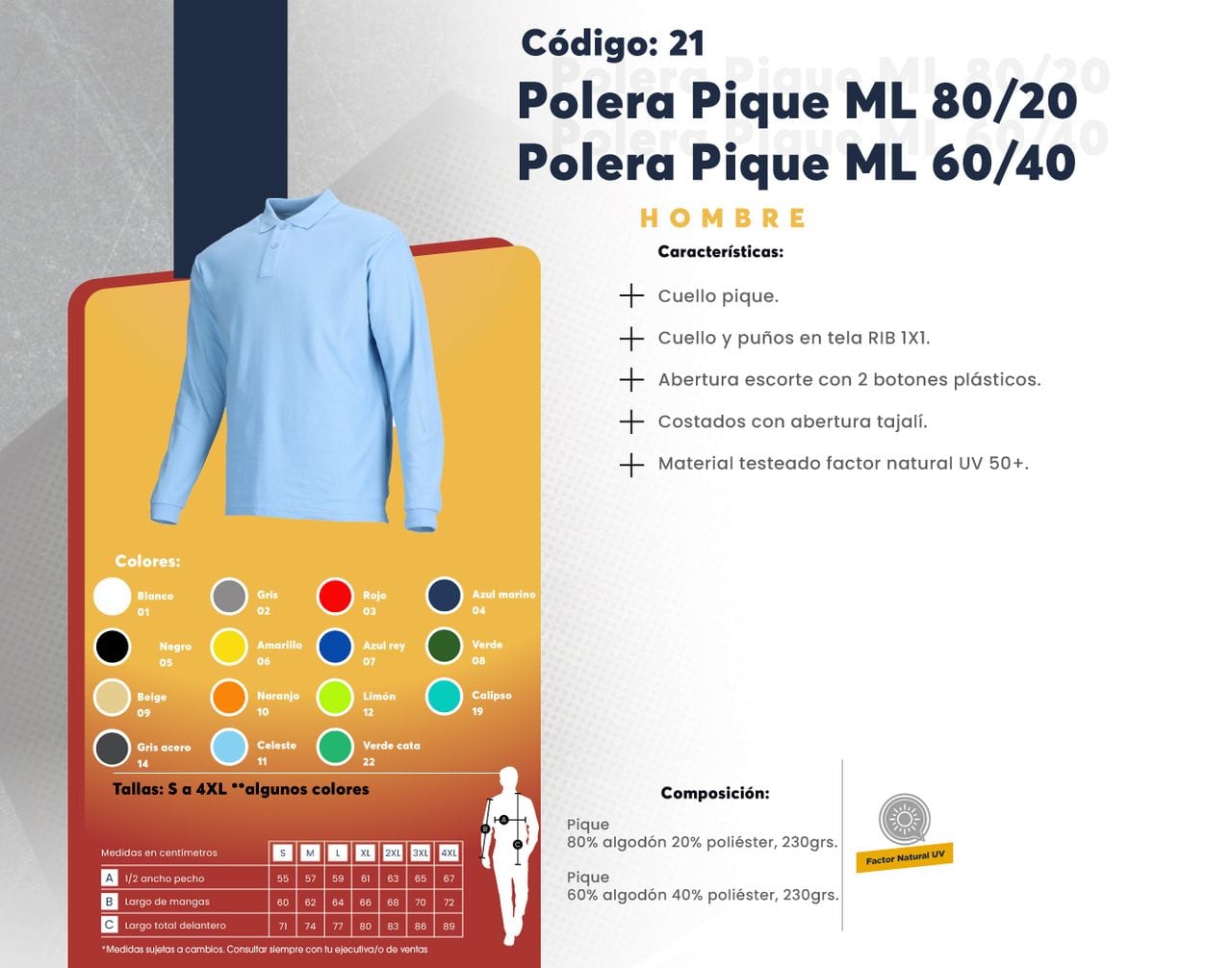 Ficha técnica de Polera Pique ML 80/20 / Polera Pique ML 60/40