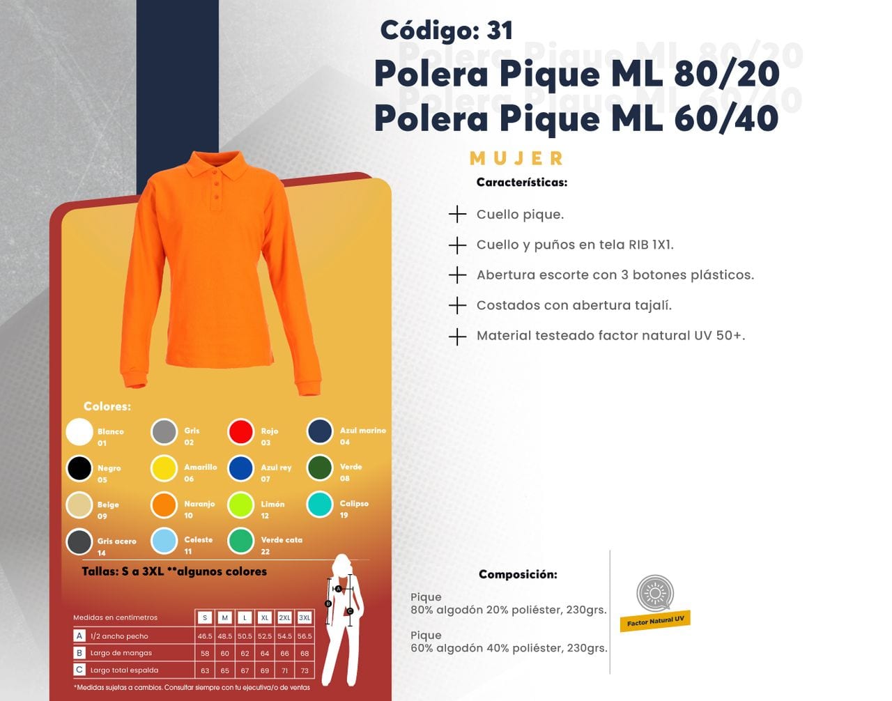 Ficha técnica de Polera Pique ML 80/20 / Polera Pique ML 60/40