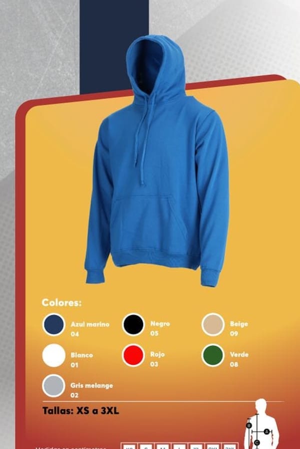 Polerón unisex con capucha ajustable y bolsillo tipo canguro, confeccionado en tela franela.