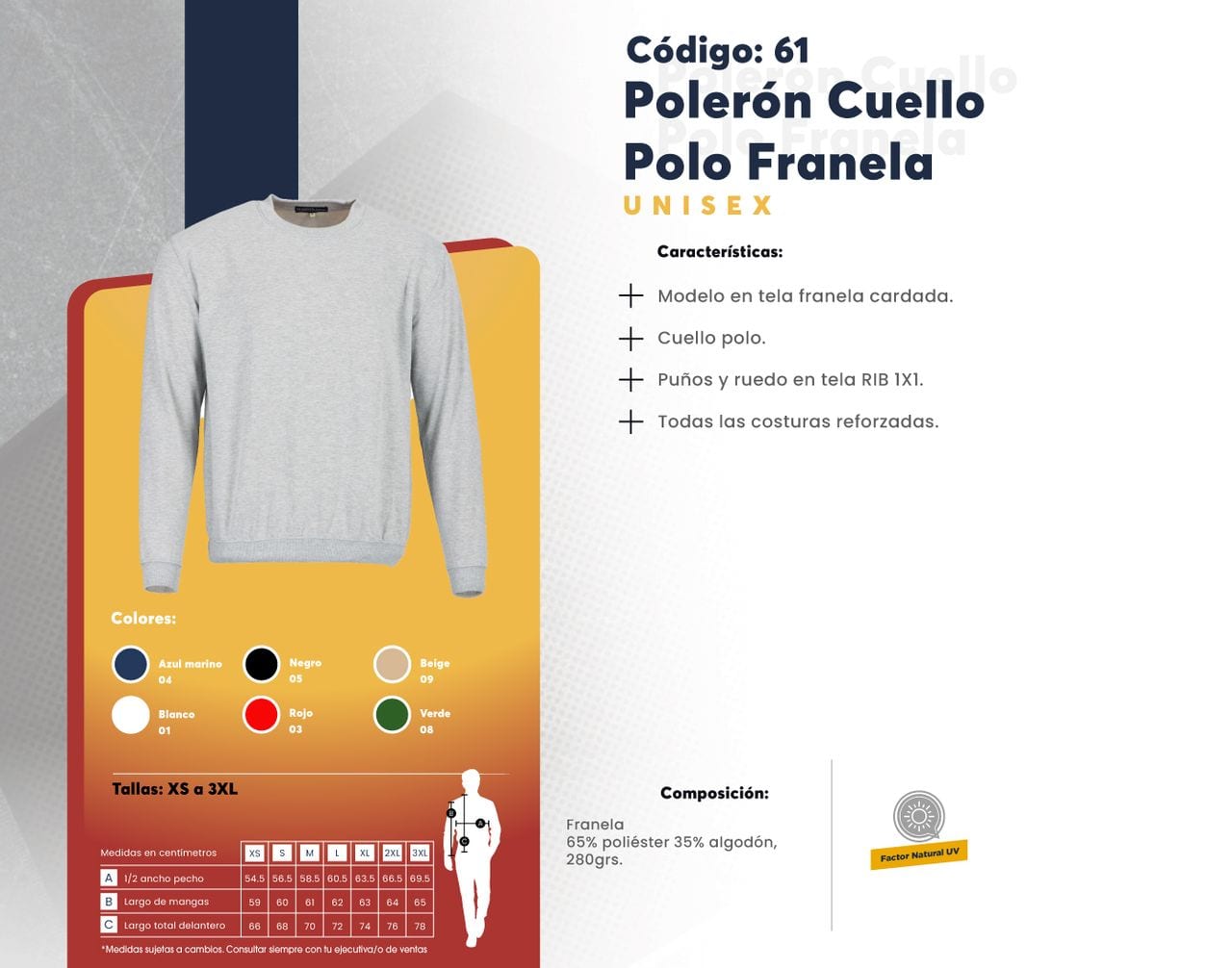 Ficha técnica de Polerón Cuello Polo Franela