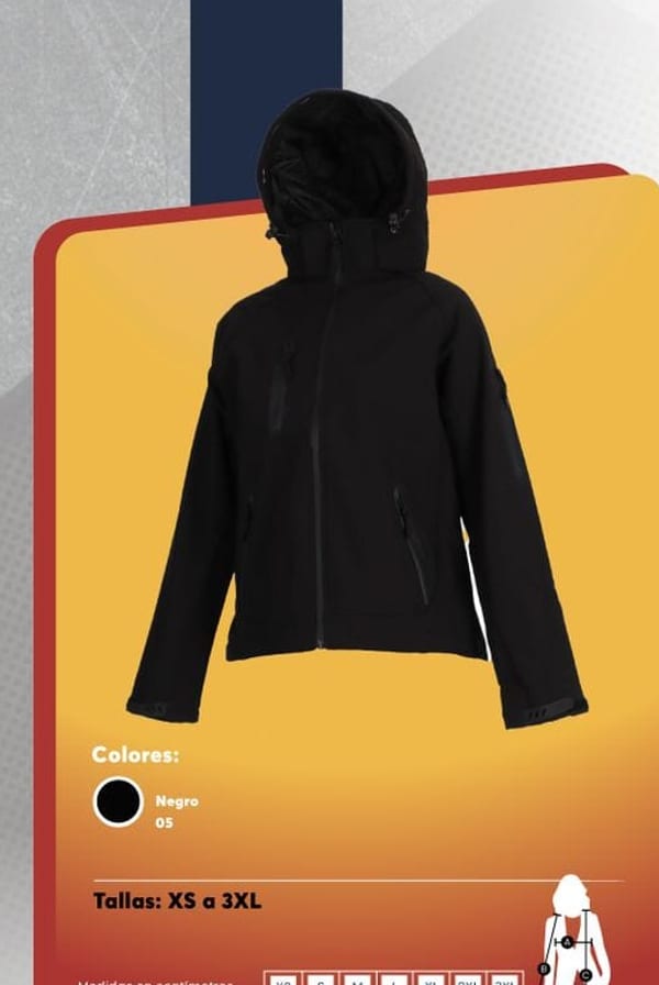 Chaqueta softshell entallada para mujer, impermeable y transpirable, con capucha desmontable y bolsillos con cierre.