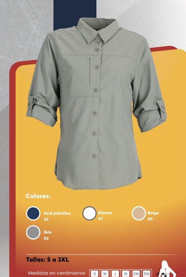 Blusa outdoor de manga larga para mujer, en tono verde grisáceo, con corte entallado y protección UV.