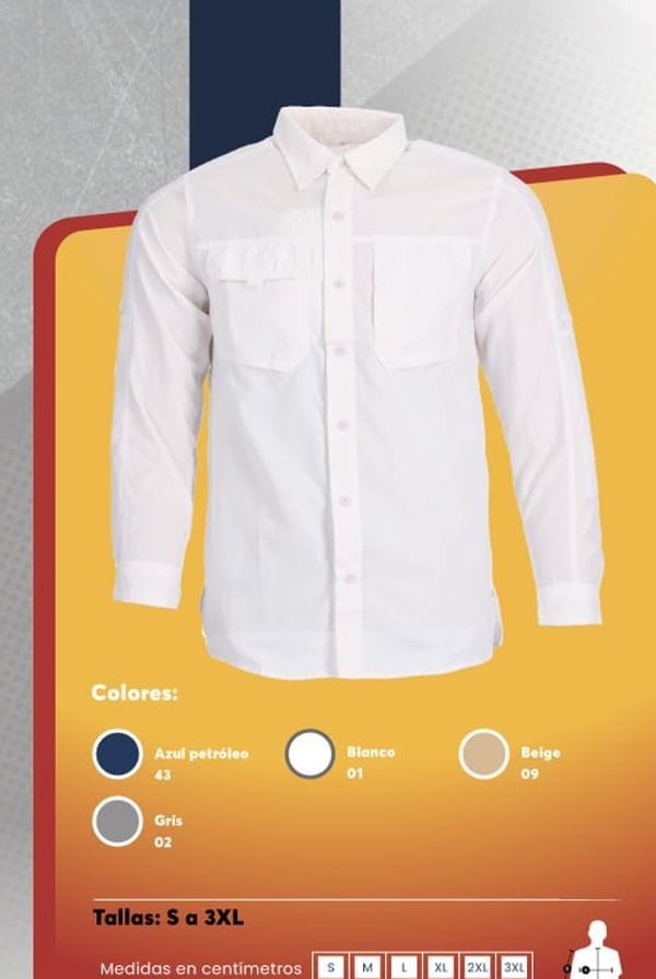 Camisa outdoor de manga larga para hombre, en color blanco, con bolsillos multiuso y protección UV.