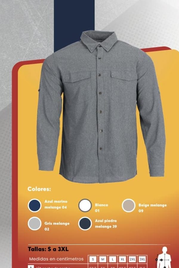 Camisa outdoor de manga larga para hombre, en tono gris melange, con bolsillos en el pecho y protección UV.
