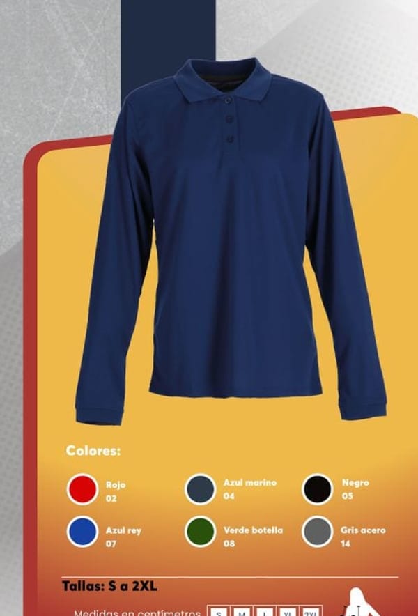 Polera polo de manga larga para mujer, liviana y transpirable, con cuello y puños en tela rib.