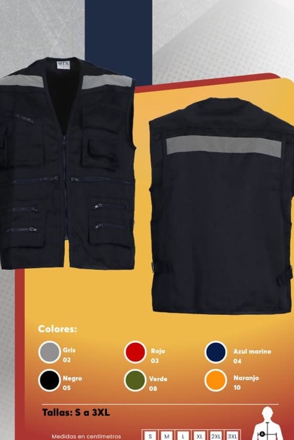 Chaleco geólogo multibolsillos para hombre, en poplin de dos capas con cintas reflectantes y cintura ajustable.