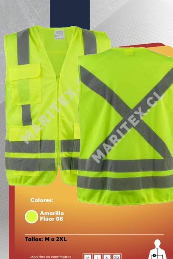 Chaleco reflectante de alta visibilidad para hombre, en color amarillo flúor, con cinta reflectante y múltiples bolsillos.