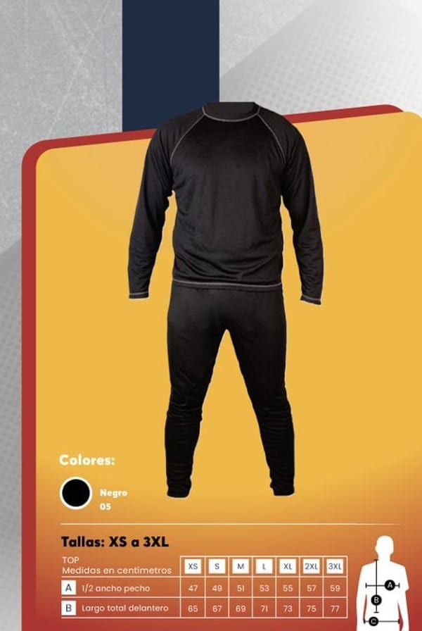 Conjunto térmico de primera capa unisex, compuesto por camiseta de manga larga y pantalón, ambos con costuras reforzadas.