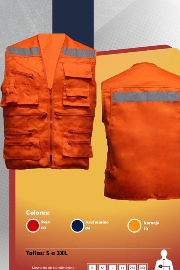 Chaleco multibolsillos tipo geólogo para hombre, en gabardina, con cinta reflectante y cintura ajustable.