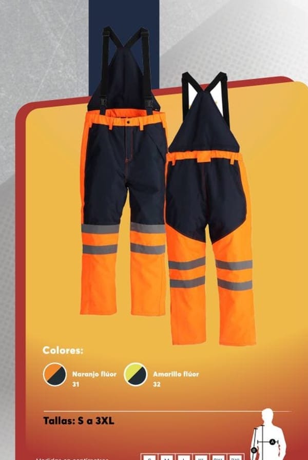 Jardinera térmica impermeable de alta visibilidad para hombre, con suspensores desmontables y cinta reflectante en las piernas.