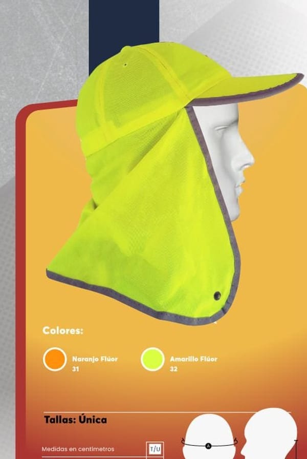 Cubrenuca tipo legionario en tela flúor con visera reforzada y ajuste posterior elasticado para protección solar en trabajos a la intemperie.