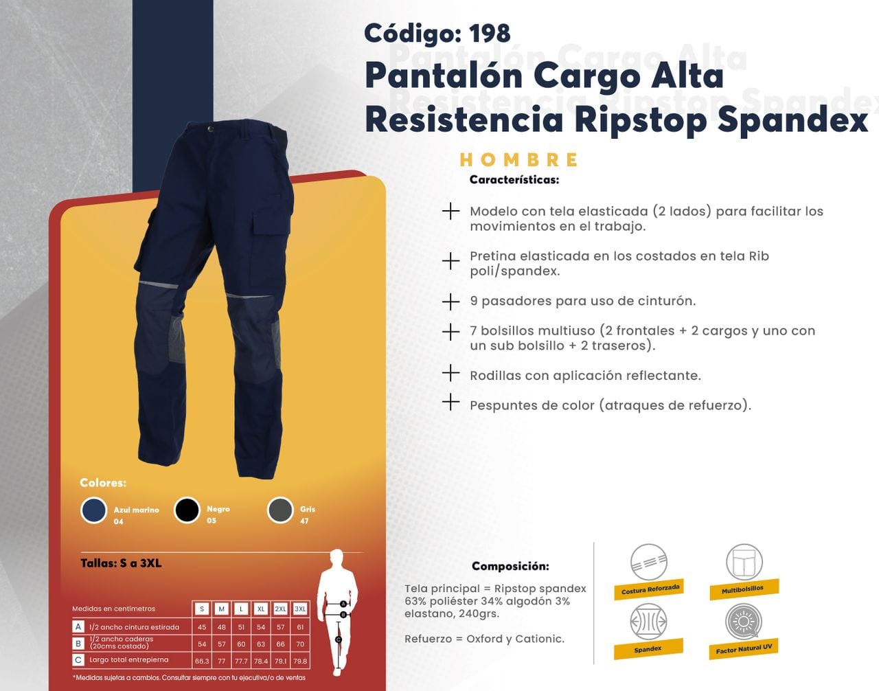 Ficha técnica de Pantalón Cargo Alta Resistencia Ripstop Spandex