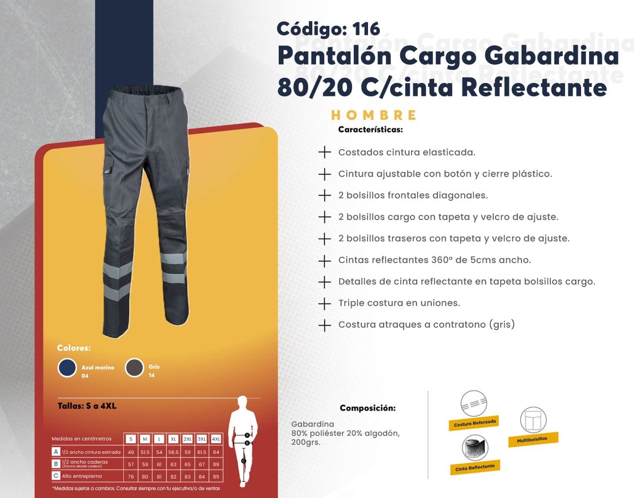 Ficha técnica de Pantalón Cargo Gabardina 80/20 C/cinta Reflectante