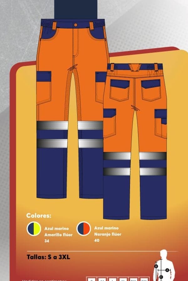 Pantalón cargo bicolor para hombre, con cinta reflectante en las piernas y múltiples bolsillos tipo cargo.