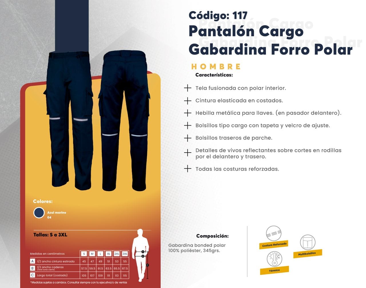 Ficha técnica de Pantalón Cargo Gabardina Forro Polar
