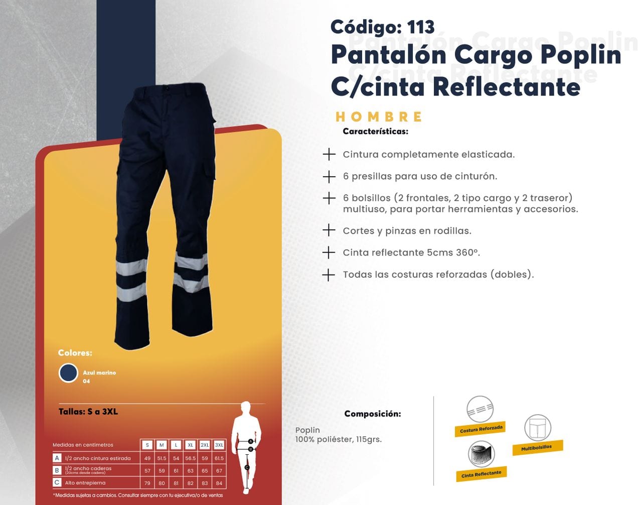 Ficha técnica de Pantalón Cargo Poplin C/cinta Reflectante