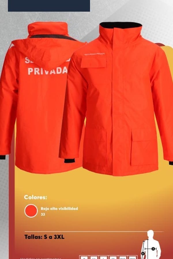 Parka para guardia de seguridad privada, con capucha ocultable y estampado en la espalda, según decreto 867.