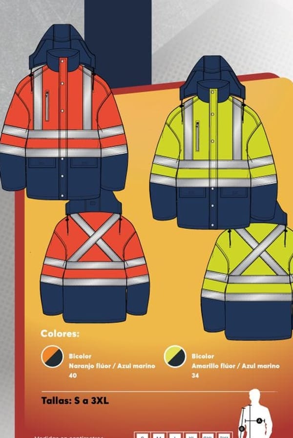 Parka térmica bicolor de alta visibilidad para hombre, con capucha desmontable y cinta reflectante en forma de X.
