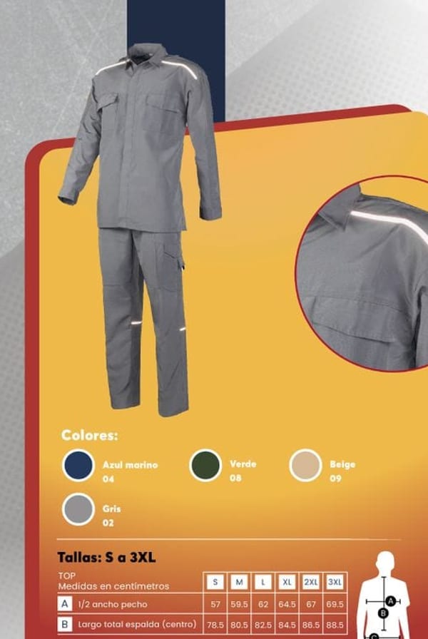 Conjunto de trabajo (camisa y pantalón) en canvas con tratamiento antiácido color gris, con vivos reflectantes en los hombros y múltiples bolsillos.