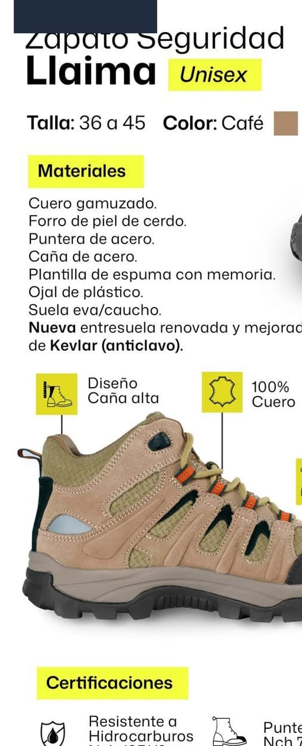 Zapato de seguridad tipo bota unisex en cuero, con puntera de acero, entresuela de Kevlar anticlavo y plantilla antibacterial de espuma con memoria.